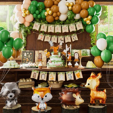 PRICES MAY VARY. Package Include：1pc welcome back banner, 1pc forest animal banner, 1set animal cake topper, 2pcs 8inch turtle leaves, 1pc fox foil balloon, 1pc hedgehog foil balloon, 1pc fawn foil balloon, 1pc raccoon foil balloon, 55pcs 10inch latex balloons, 24pcs 5inch latex balloons, 1pc dot glue, 1pc balloon chain, 1pc ribbon. Quality: The woodland animal balloons made with natural latex, safe, and every balloons have been rigorously tested and selected manually. You don't have to worry ab Woodland Animals Centerpieces, Woodland Party Games, Forest Baby Shower Theme, Woodland Baby Shower Theme Decorations, Safari Baby Shower Boy, Woodland Party Theme, Woodland Theme Baby, Animal Balloons, Woodland Creatures Baby Shower