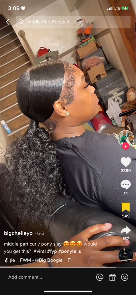 Low Pony With Edges, Middle Part Slick Back Curly Ponytail, Curly Middle Part Ponytail, Middle Slick Back Ponytail, Middle Part Frontal Ponytail, Middle Part Ponytail Hairstyles, Middle Part Ponytail Weave, Ponytail Middle Part, Middle Part Slick Back