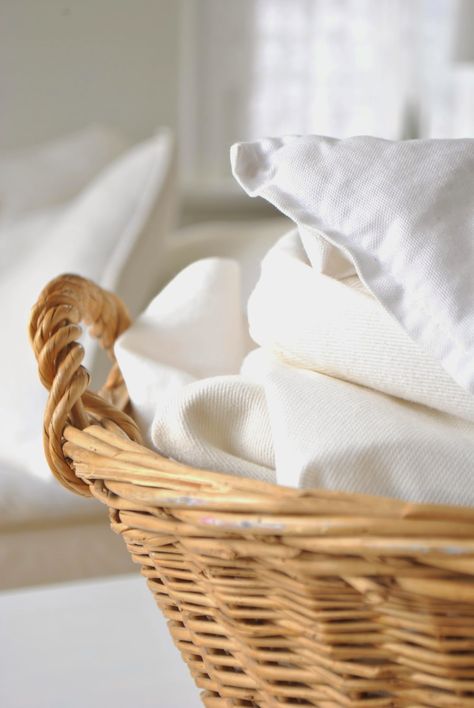 Linens in Antique Wicker Cleaning Inspiration, Farmhouse Laundry, Clean Linen, Ivy House, Christmas Gathering, Fresh Linen, Soft Bedding, Modern Coastal, Linen Closet