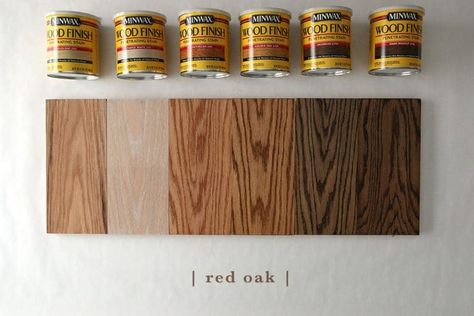 How 6 Different Stains Look On 5 Popular Types of Wood - Chris Loves Julia Oak Floor Stains, Floor Stain Colors, Minwax Stain Colors, Wood Floor Stain Colors, Weathered Oak Stain, Red Oak Stain, Oak Wood Stain, Jacobean Stain, Red Oak Floors