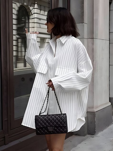 Striped Large Pockets Long Sleeve Shirt Summer Jam, Fit Clothes, Striped Shirt Women, Loose Fit Blouse, Mode Abaya, Fits Clothes, Striped Shirt Dress, Home Work, Oversized Blouse