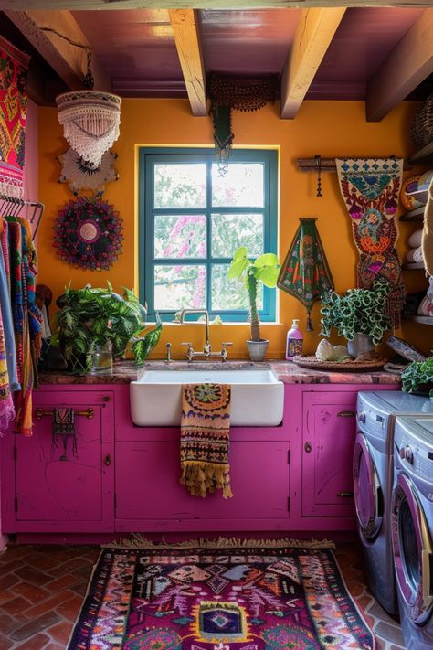 boho laundry room with yellow and pink tone Eclectic House Exterior Paint Colors, Colourful Rustic Decor, Colourful Tiny House, Bright Color Laundry Room Ideas, Colourful Laundry Room, Dopamine Kitchen, Small Space Laundry Room Ideas, Colorful Laundry Room Ideas, Artsy Homes