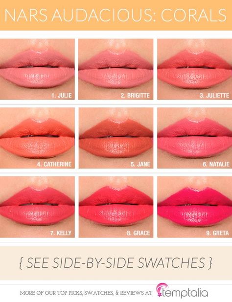 My names on theirbut I love all the colors Nars Audacious Lipstick, Nars Lip, Nars Lipstick, Coral Lipstick, Coral Lips, Smink Inspiration, Kissable Lips, Lipstick Swatches, Spring Makeup