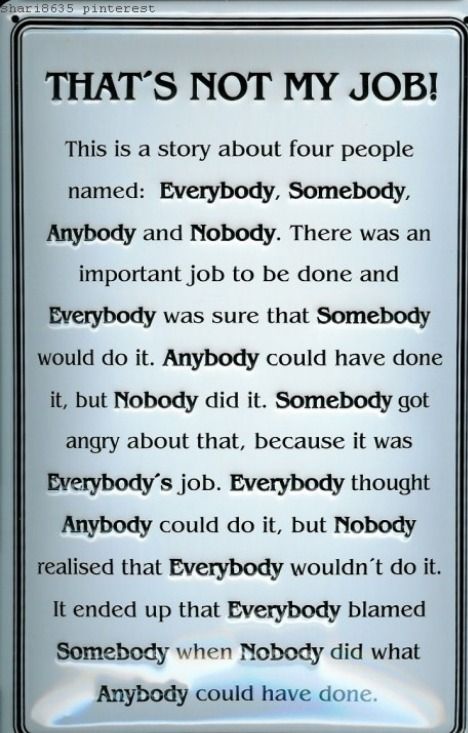 The story may be confusing but the message is clear: no one took responsibility so nothing got accomplished. It’s a story that plays out often in organizations and companies and on teams—anywhere there is culture that lacks accountability. Not My Job, Job Quotes, Biblical Studies, Work Quotes, My Job, Quotable Quotes, Infj, A Sign, Wise Quotes