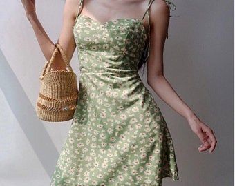 Retro Summer Dress, Green Summer Dresses, Strappy Mini Dress, French Retro, Cottagecore Fashion, Y2k Clothing, Dress Aesthetic, Girls Dresses Summer, Mode Inspo