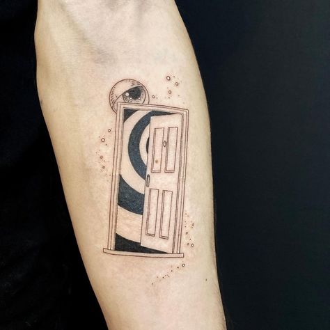 Liminal Space Tattoo, Movie Lover Tattoo, Door Tattoo Minimalist, Twilight Zone Tattoo, Emily Tattoo, Floral Skull Tattoos, Surreal Tattoo, Lavender Tattoo, Traditional Tattoo Sleeve