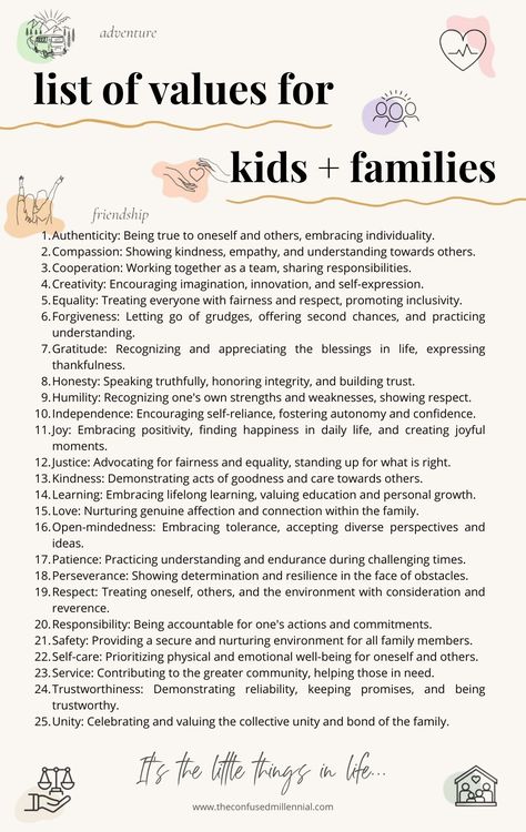 list of values in life for personal use, business brand, or kids morals, personal core values, honest and integrity, self actualization, mental and emotional health, emotional skills, improve mental health, mental wellness, journal writing prompts, self improvement tips, 365 jar, healing journal, life coaching tools, personal growth tips, self help and care, self improvement personal Teach Values To Kids, Family Morals And Values, Personal Values List, Core Values List, List Of Values, Values And Morals, Values In Life, Morals And Values, Personal Core Values