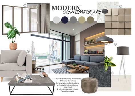 MODERN CONTEMPORARY | Behance Interior Mood Board Presentation, Modern Contemporary Mood Board, Contemporary Mood Board, Contemporary House Interior, Contemporary Interior Design Living Room, Modern Contemporary Interior Design, Contemporary Style Interior, Color Palette Interior Design, Interior Design Portfolio Layout