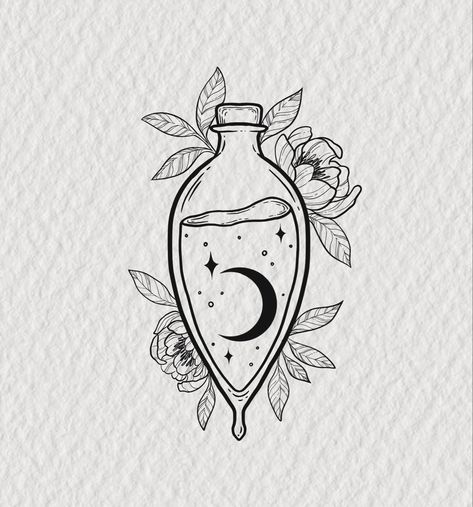 Potion botanical tattoo potion bottle design Lunar Witch, Wood Craft Patterns, Bottle Drawing, X Tattoo, Moon Water, Getting A Tattoo, Pop Art Wallpaper, Witch House, Flash Art