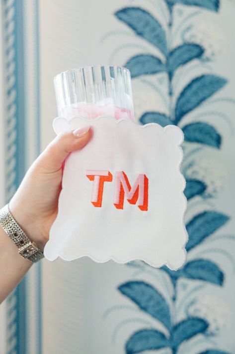 Get the party started with these Scalloped Cocktail Napkins! Choose your favorite monogram and thread colors and let the celebrations begin. These napkins also make for great gifts especially for the host or hostess in your life. Cheers to a fun and personalized party!     Details: - White linen cocktail napkins - Set of 4 napkins with 1 monogram - Napkins measure 6" x 6" - Delicate wash and air dry - Enter embroidery colors in the personalization box- If no colors are picked, we will pick for y White Linen Cocktail, Embroidery Napkins, Birthday Goodie Bags, Linen Cocktail Napkins, Monogrammed Napkins, Happy Everything, Embroidered Napkins, Name Patches, Embroidered Monogram