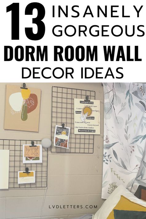 Text: 13 insanely gorgeous dorm room wall decor ideas. Picture: college student’s wall decor in dorm room next to bed Dorm Picture Wall, Dorm Wall Ideas, Dorm Rooms Ideas, Dorm Room Wall Decor Ideas, Dorm Wall Decor Ideas, Wall Decor For Dorm, Room Wall Decoration Ideas, Wall Decor Dorm Room, Dorm Pictures