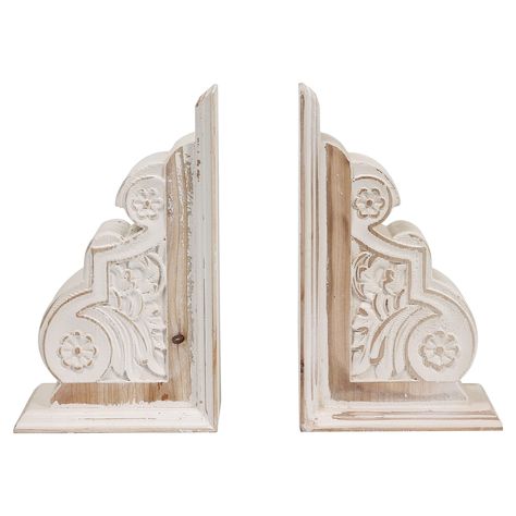 PRICES MAY VARY. 【Distressed Farmhouse Bookends】 Decorative scroll designs like corbels White distressed finish in shabby chic look. Set includes 2 pieces measuring 5.9" x 3.9" x 10" 【Decorative Art】This set of two bookends has exquisite patterns, and arranges your book collection in a classic style. These bookends can elevate your traditional design to a rustic style. 【Super Value】 No matter where you use these bookends, you can bring timeless elegance to your room while keeping your books tidy Farmhouse Bookends, Unique Bookends, Farmhouse Books, Wooden Corbels, Wood Bookends, Decorative Bookends, Library Furniture, Home Room Decor, Book Ends