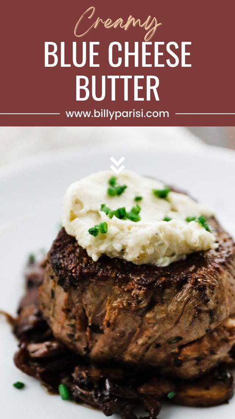 This creamy blue cheese butter is a simple recipe of softened butter, softened blue cheese crumbles, a hint of lemon juice, and salt and pepper. It is the perfect creamy topping for your favorite steak dish. You are going to love the big, bold blue cheese flavors in this butter. Blue Cheese Butter, Blue Cheese Crumbles, Steak With Blue Cheese, Whiskey Sauce, Billy Parisi, Filet Mignon Recipes, Bread Sauce, Steak Dishes, Cheese Butter