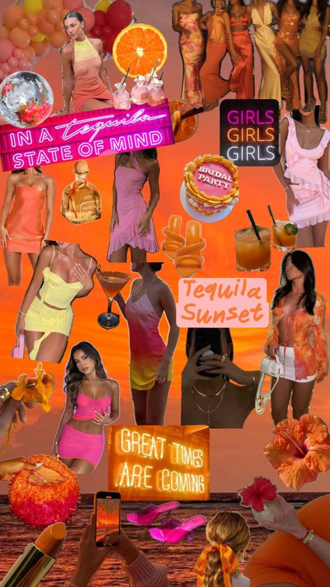 tequila sunset theme, tequila sunrise theme, bachelorette themes, bachelorette party inspo, bachelorette party outfits, bachelorette party decor, orange and pink aesthetic, sunset colors aesthetic Tequila Sunrise Theme, Sunset Colors Aesthetic, Orange And Pink Aesthetic, Bachelorette Outfit Themes, Tequila Sunset, Sunset Theme, Bachelorette Party Decor, Pink Bachelorette Party, Scottsdale Bachelorette