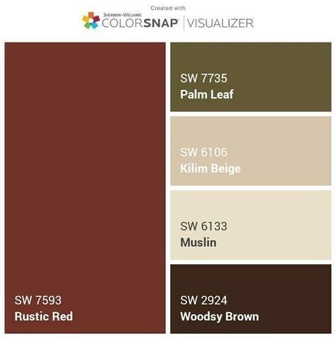 Rustic Red is one of our Favorite Colors from Sherwin Williams!  We love the way Palm Leaf contrasts with it while Muslim and Woodsy Brown compliment and pull it all together!  This color palette would look great on your home’s interior or exterior!  Want help with finding the perfect color palette for your home?  Any project over $1,000 receives a complimentary meeting with a Sherwin Williams Color Consultant to help you choose the perfect colors for your painting project! Rustic Paint Colors Schemes Sherwin Williams, Palm Leaf Paint Sherwin Williams, Cherry Wood Colour Palette, Paint Colors That Match Cherry Wood, Maroon Exterior House Paint, Red Brown House Exterior, Rustic Red House Exterior, Brown House Color Scheme Exterior, Rustic Red Living Room