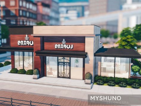 Sims 4 Gym Build Ideas, Sims Spa Ideas, Sims 4 San Myshuno Lots, Sims 4 Spa Ideas, Spa Sims 4 Cc, San Myshuno Builds, Sims 4 Beauty Salon, Sims 4 Spa Build, Cc Build Sims 4