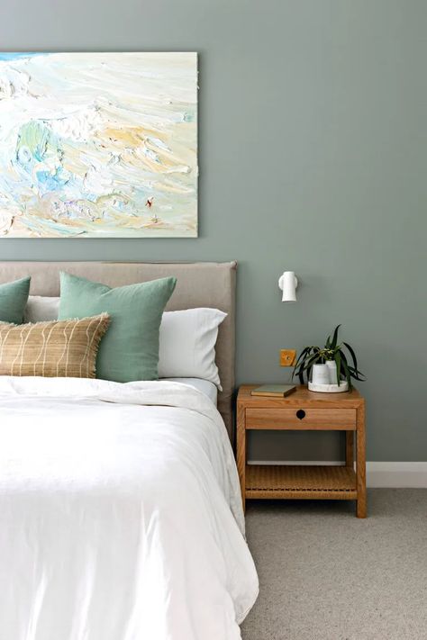 This Californian Bungalow Family Home Stays Close to its Roots | Homes To Love Sage Bedroom, Green Bedroom Walls, Californian Bungalow, Airy Bedroom, Green Accent Walls, Feature Wall Bedroom, Sage Green Bedroom, Green Bedroom, Accent Wall Bedroom