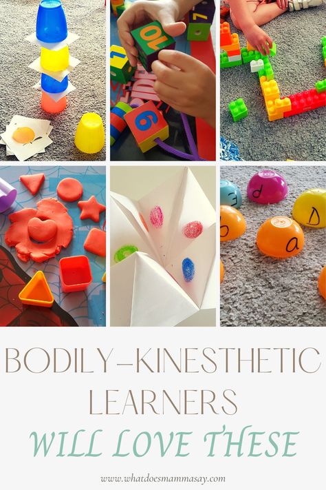 Part of a series of articles on multiple intelligences, this article helps parents and teachers with hands-on activities to support bodily-kinesthetic learners. The activities are fun and easy to set up. #bodilykinestheticintelligence #multipleintelligencestheory #handsonlearning #whatdoesmammasay Montessori, Kinestic Learner, Bodily Kinesthetic Intelligence, Multiple Intelligences Activities, Kinesthetic Learning Activities, Kinesthetic Learning Style, Kinesthetic Learner, Games Kindergarten, Multiple Intelligence