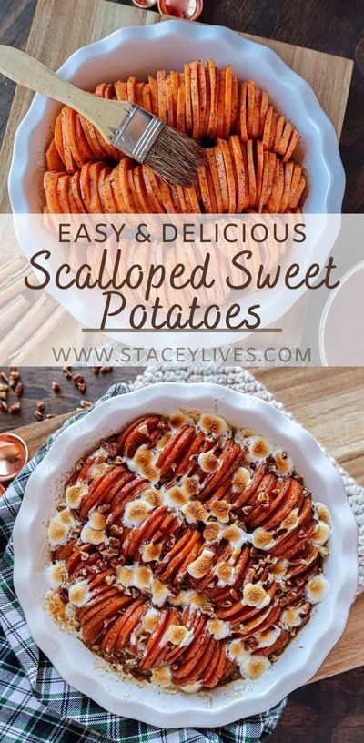 Scalloped Sweet Potatoes Brown Sugar, Christmas Sweet Potatoes, Sweet Potato Scalloped, Yellowstone Party, Sweet Potato Stacks, Scalloped Sweet Potatoes, Vegetarian Side Dish, Sweet Potatoes With Marshmallows, Sweet Potato Side Dish