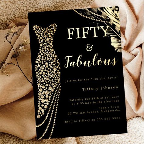 Fifty & Fabulous Elegant Gold Dress 50th Birthday Foil Invitation Elegant Gold Dress, 60th Birthday Theme, 60th Birthday Ideas For Mom, Elegant Birthday Invitations, 60th Birthday Party Decorations, 60th Birthday Decorations, Moms 50th Birthday, 50th Birthday Party Invitations, 60th Birthday Invitations