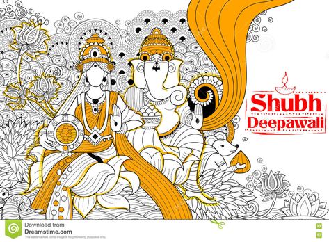 Goddess Lakshmi And Lord Ganesha On Happy Diwali Holiday Doodle Background For Light Festival Of India Stock Vector - Image: 78381396 India Illustration, Diwali Painting, Earth Day Drawing, Diwali Holiday, Festival Paint, Diwali Drawing, Ganesha Drawing, Doodle Background, Light Festival