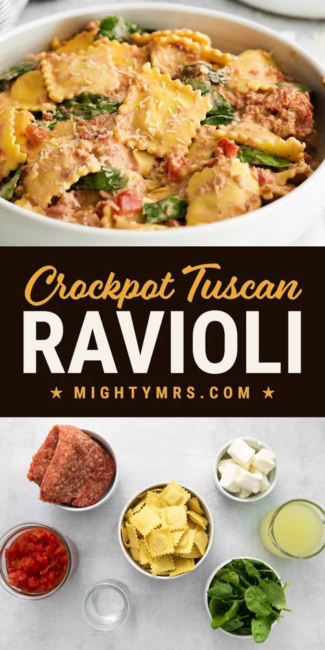 Crockpot Creamy Spinach Sausage Ravioli (6 Ingredients!) Spinach Ravioli Recipe Crockpot, Sausage And Ravioli Crock Pot, Ravioli Bake Crockpot, Healthy Crockpot Sausage Recipes, Crockpot Meals With Italian Sausage, Spinach And Ravioli Recipe, Crockpot Ravioli With Spinach, Ravioli Lunch Ideas, Fun Crockpot Recipes