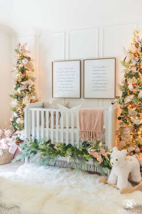 Baby Nursery Christmas Trees Flanking the Crib with nursery artwork hung about the crib. Love the Christmas decor in the nursery including colorful Christmas ornaments, green Christmas trees, green garland, and gender neutral nursery art. #christmasdecor #nurseryart #nurserydecor #holidaydecorating #christmastree Christmas Tree Colour Scheme, Nursery Christmas, Gender Neutral Nursery Art, Christmas Tree Forest, Whimsical Bedroom, Neutral Nursery Art, Gender Neutral Nursery Decor, Plaid Christmas Decor, Nursery Artwork