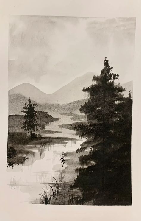 Ink Wash Painting Landscape, Landscape Value Study, Indian Ink Art Ideas, Indian Ink Painting, Ink Landscape Drawing, Landscape Perspective Drawing, India Ink Art Ideas, Landscape Ink Drawing, Indian Ink Art