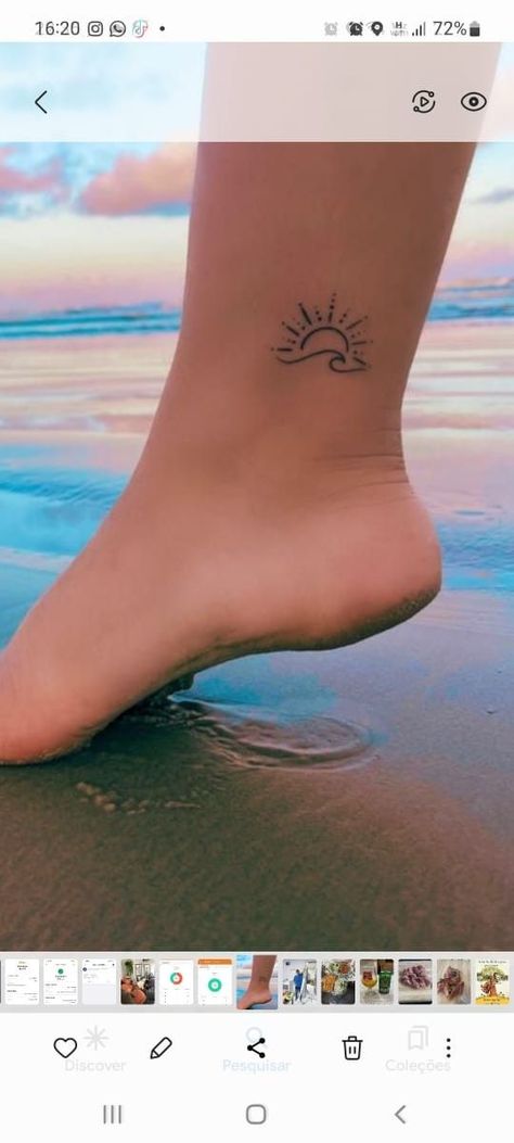 Sun Over Waves Tattoo, Small Tattoos For Beach Lovers, Sunrise Beach Tattoo, Small Wave And Sun Tattoo, Cute Small Beach Tattoos, Lake Sunset Tattoo, Henna Tattoo Designs Beach, Wave Tattoo On Foot, Ocean Wave Tattoos For Women