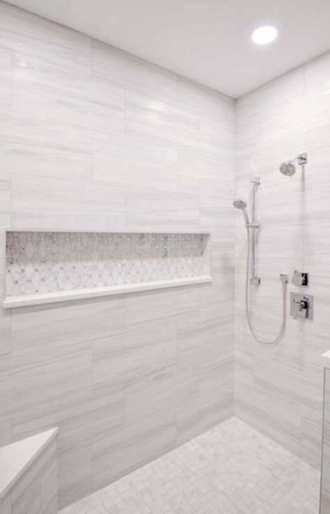 Classic Bathroom Tile, Large Tile Bathroom, Master Shower Tile, Large Shower Tile, White Tile Shower, Niche Ideas, Master Bath Shower, Full Bathroom Remodel, Shower Bathtub