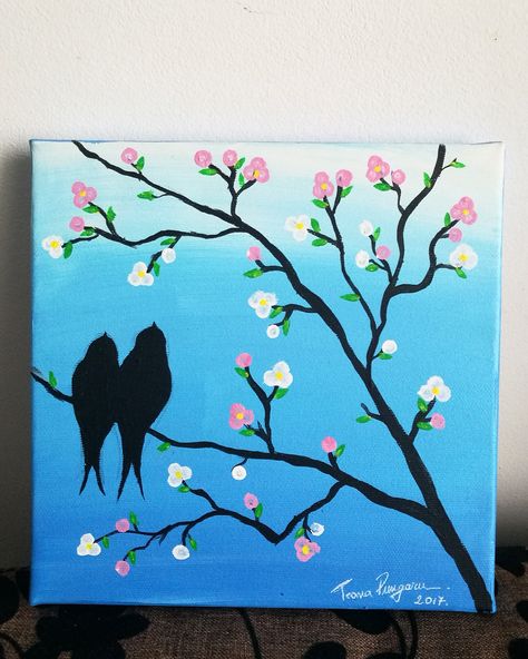 Birds On Tree Painting, Birds In A Tree Painting, Bird Easy Painting, Easy Birds Painting, Birds Painting Acrylic Canvases, Easy Bird Painting Acrylics, Humming Bird Painting Acrylics, Simple Bird Painting, Bird Painting Easy