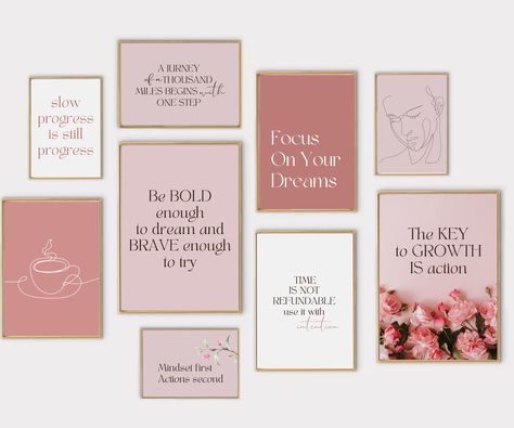 Pink Office Wall Decor, Pink Office Art, Woman Office Decor, Pink Ceo Office, Pink Home Office Ideas, Feminine Home Office Classy, Blush Office, Boss Babe Gallery Office Wall, Office Quotes Frames