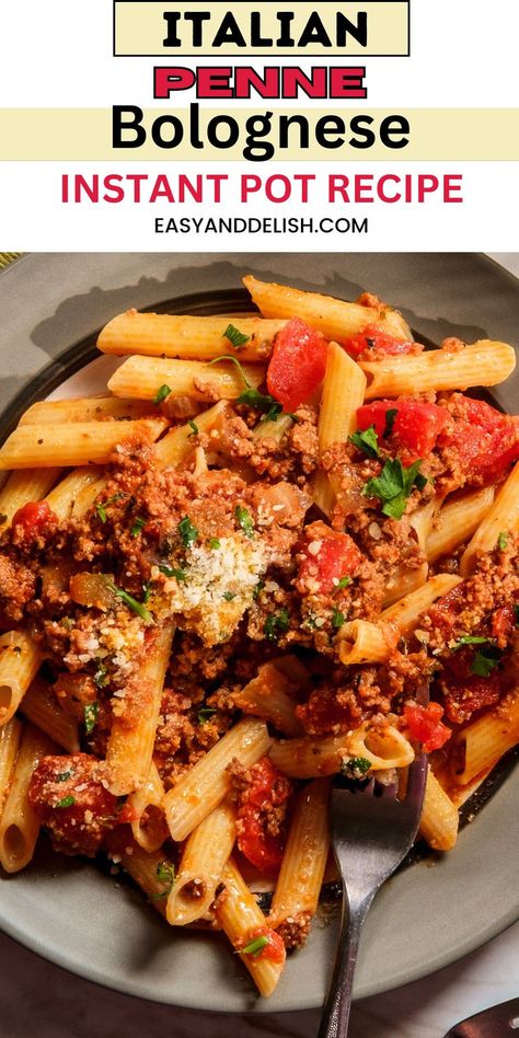 Close-up of a plate of penne Bolognese. Bolognese Instant Pot, Penne Bolognese, Pasta Bolognese Recipe, Ground Beef Pasta Recipes, Pasta Bolognese, Instant Pot Recipe, Easy Freezer Meals, Bolognese Recipe, Yummy Pasta Recipes