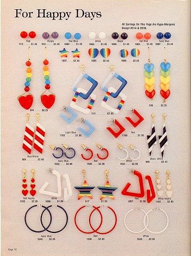 I remember wearing these plastic-y earrings in the 80s. No wonder my earlobes always itched! 80s Jewelry, 90s Jewelry, 80s Girl, 80s Earrings, 80’s Fashion, Valley Girls, Jewelry Catalog, Happy Days, The Good Old Days