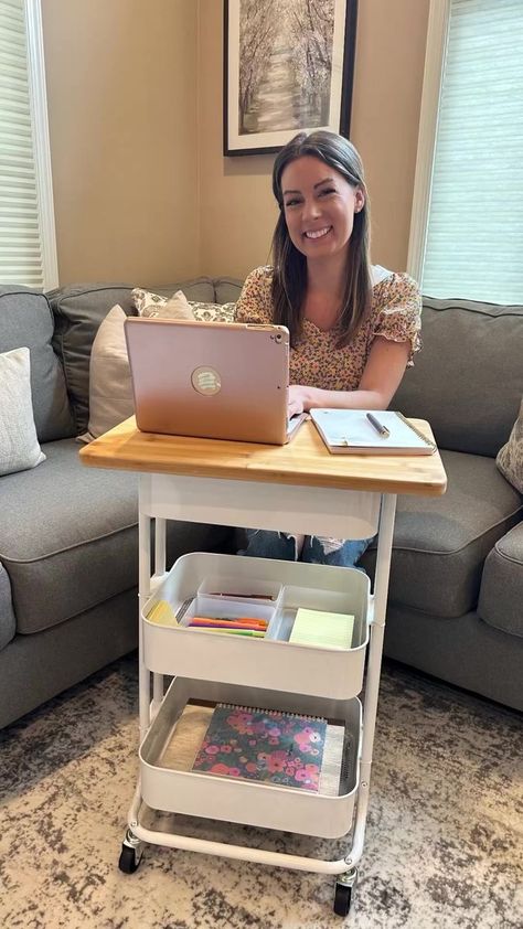 Moveable Desk Ideas, Diy Rolling Desk, 3 Tier Rolling Cart Ideas, Small Desk Organization Ideas, Rolling Cart Organization, Mobile Office Ideas, Rolling Cart Ideas, Magnolia Mercantile, Homeschool Classroom Setup