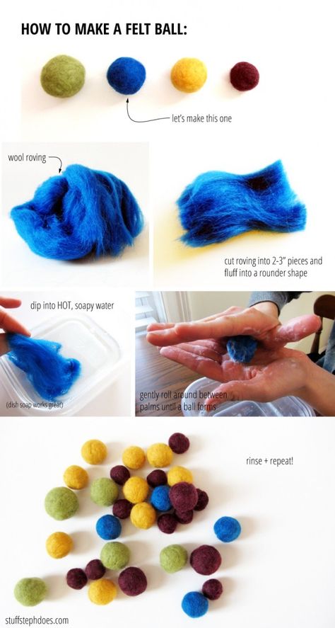 Make Felt Balls, Balls Dessert, Crochet Christmas Garland, Making Felt, Tovad Ull, Felted Balls, Felt Beads, Needle Felting Tutorials, Felt Balls