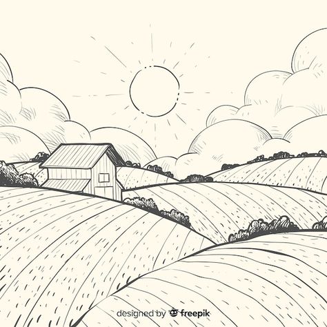 Barn Drawing, Farm Vector, Farm Landscape, Whimsical Art Journal, Farm Paintings, Farm Logo, Farm Art, Nature Drawing, Landscape Drawings