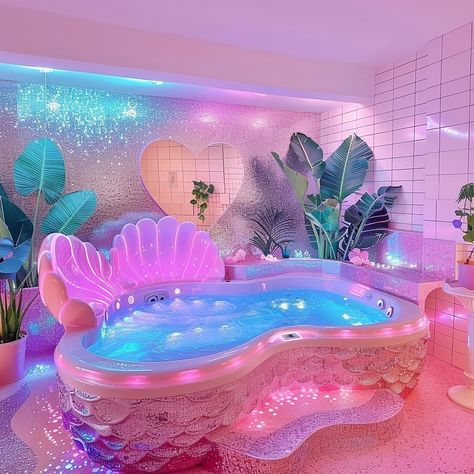 More shimmering pink hot tubs and spas, some shell shaped, some for mermaids, some for land lovers… and some for solo mermaids.🩷✨ Just having fun with these.🫶🏼✨ Images created using MJ 6. Pick your favorite 🌈 . . . . . . . #mermaidvibes #y2kaesthetics #y2k #aigeneratedartwork #midjourneyv6alpha #midjourneyv6 #digitalartoftheday #digitalartdesign #aiphoto #pinkparadise #luxuryliving #glamourbath #midjourneydesign #fantasydecor Pink Beach Room, Princess Bathroom, Kids Jungle Room, Girls Bedroom Themes, Beautiful Dorm Room, Beautiful Bathtubs, Dreamy Decor, Beautiful Summer Wallpaper, Dream Bedroom Inspiration