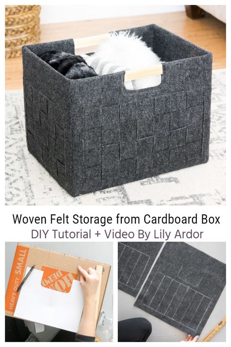 Woven Felt Cardboard Box Storage DIY Tutorial + Video | Fabric Art DIY Diy Storage Bins, Cardboard Box Storage, Diy Cube Storage, Storage Baskets Diy, Cardboard Storage, Diy Storage Boxes, Cube Storage Bins, Fabric Storage Bins, Fabric Boxes