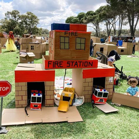 Firehouse Dramatic Play, Cardboard Fire Station, Fire Station Role Play Eyfs, Dramatic Play Fire Station, Preschool Fire Station Dramatic Play, Diy Fire Station, Fire Station Pretend Play, Fire Station Dramatic Play, Cardboard Fire