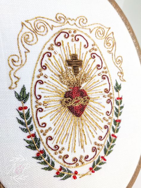 Needle & Paper — Sacred Heart Goldwork Embroidery Embroidery Sacred Heart, Catholic Embroidery Designs, Sacred Heart Embroidery, Virgin Mary Embroidery, Jewish Embroidery, Mary Embroidery, Catholic Embroidery, Sacred Heart Of Mary, Sacred Heart Art