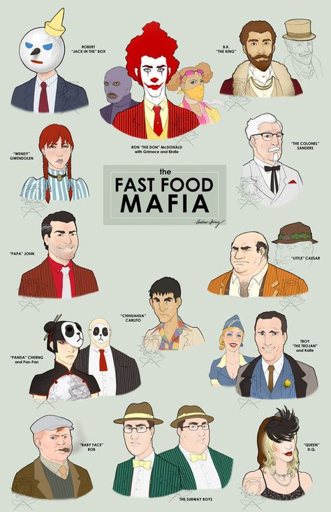 The fast food mafia - Alternate Universe. Mafia Party, Papa Johns, Online Comics, Jack In The Box, The Don, Really Funny, Ronald Mcdonald, Funny Jokes, Funny Pictures