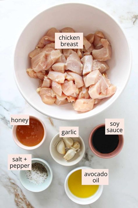 Quick   Easy Honey Garlic Chicken Cubes - The Balanced Nutritionist Easy Chicken Cube Recipes, Chicken Cube Recipes, Chicken Breast Cubes Recipes, Chicken Cubes Recipes, Chicken Cubes Recipes Simple, Cubed Chicken Breast Recipes, Cubed Chicken Recipes, Delish Chicken Recipes, Balanced Nutritionist