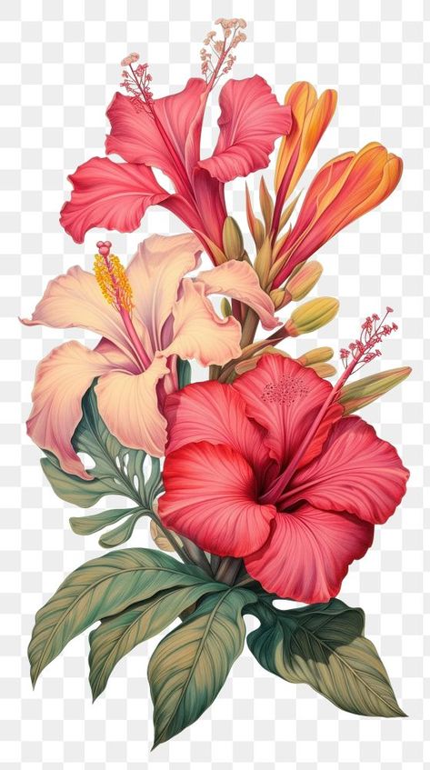 Flower Plant Illustration, Watercolour Hibiscus Flower, Hibiscus Graphic Design, Hibiscus Flower Vector, Floral Illustrations Watercolor, Botanical Design Graphic, Botanical Flowers Png, Digital Flower Drawing, Digital Flowers Design