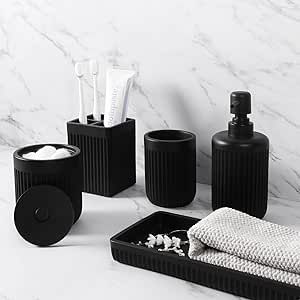 Resin Matte Black Bathroom Accessories Set 5 Pcs, Lotion Soap Dispenser, Toothbrush Holder, Bathroom Tumbler, Qtip Holder and Vanity Tray, Bathroom Countertop Organizer Set for Modern Home Apartment Organize Toiletries, Vanity Tray Bathroom, Black Bathroom Accessories Set, Matte Black Bathroom Accessories, Bathroom Countertop Organizer, Bath Items, Sink Decor, White Bathroom Accessories, Modern Bathroom Accessories