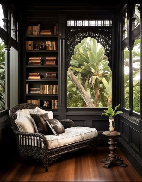 Victorian Sunroom, Dark Academia Living Room, Dark Living Rooms, Living Room Renovation, British Colonial Style, Dark Home, Living Room Green, Home Library, Cozy Corner