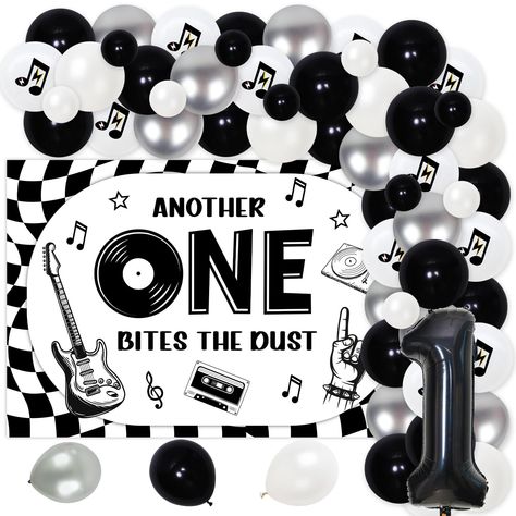 Music Themed First Birthday Party, Music Theme First Birthday, Another One Bites The Dust Birthday, Black White Balloon Arch, Rock And Roll First Birthday Party, Rock And Roll Theme, Rock And Roll Birthday Party, White Balloon Arch, Music Banner