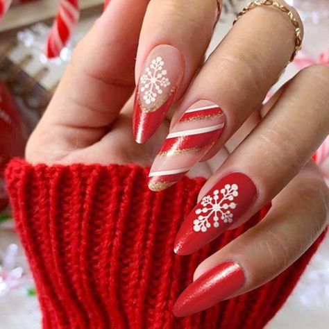 QINGGE Christmas Red Press on Nails Medium Length Stiletto Fake Nails with Snowflake Red &amp; White Swirl Glitter Design Luxury Stick on Nails Glue on Nails Matte Acrylic Nails False Nails for Women 24Pcs Book Nail Art, Festive Holiday Nails, Matte Acrylic Nails, Classy Nail Art Ideas, Red Christmas Nails, Christmas Nails Easy, Christmas Nail Art Designs, Snowflake Nails, Christmas Nails Acrylic