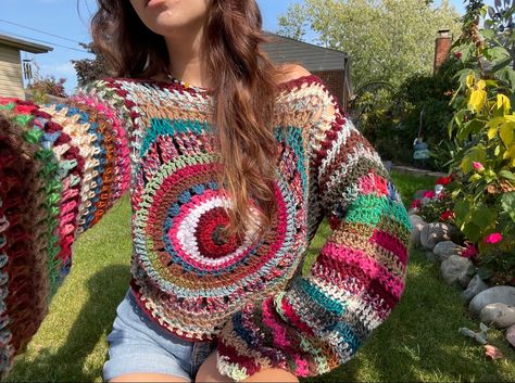 handamde hippie crochet eyeball sweater :) pattern creds: Pixzel Presents on yt ✨ Crochet Eyeball Sweater, Evil Eye Crochet Sweater, Crochet Spiral Sweater, Eyeball Sweater, Crochet Eye Sweater, Crochet Eyeball, Spooky Crochet, Eye Sweater, 2024 Crochet