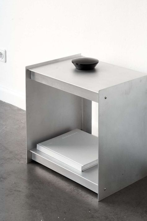 Plié Side Table – Minimalissimo - Minimalism in Design Steel Side Table, Minimalst Nightstand, Bauhaus Side Table, Steel Bedside Table, Stainless Steel Side Table, Cabinet Inspiration, Stainless Steel Furniture, Brutalist Design, Minimal Furniture